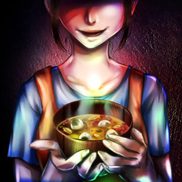 出来上がった恐怖の味噌汁を差し出す母親