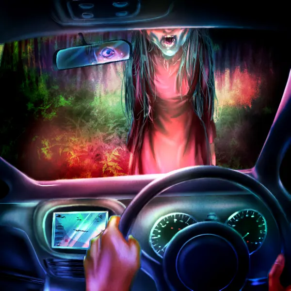 車のヘッドライトを照らすと、目の前に女の姿が。