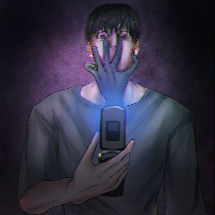 携帯電話から幽霊の手が伸びて、弟の顔を掴もうとしている挿絵