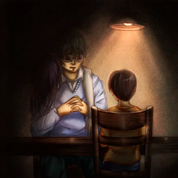 子供と話す父親の背中に、母親の霊がおぶさっている。